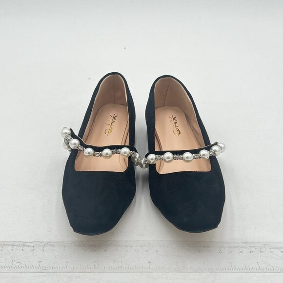 XYD Black Suede Bead Strap Ballet Flats Square Toe Mary Jane Slip On Dress Shoes - Picture 3 of 8